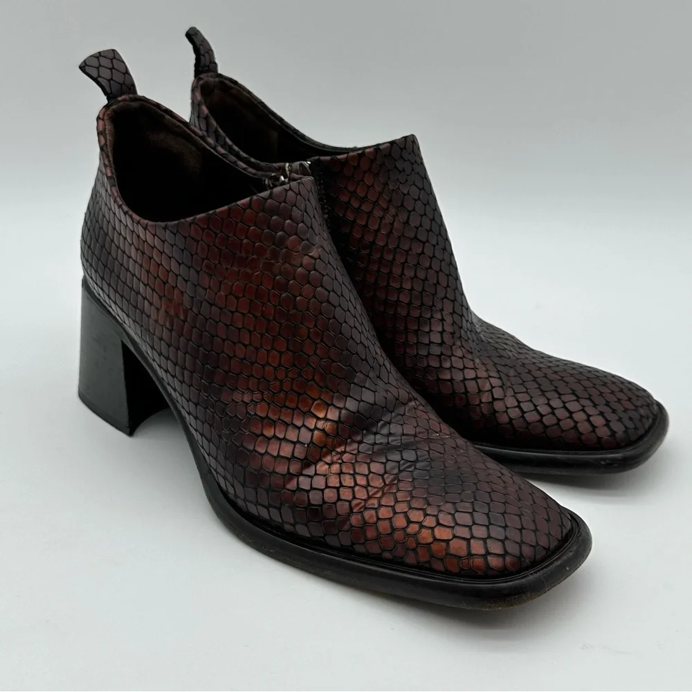 VS Dark Brown Leather Snakeskin Print Square Toe Block Heel Booties